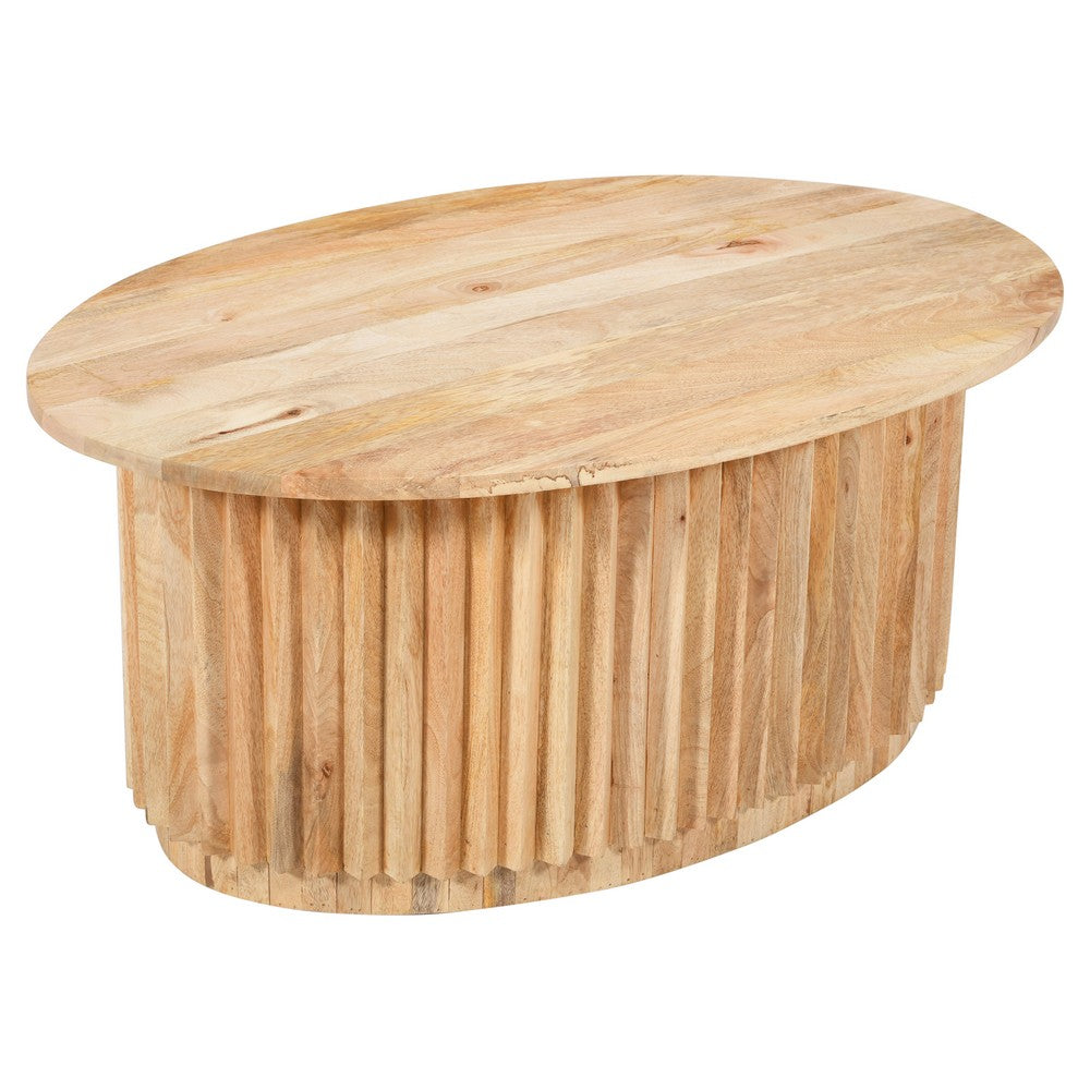 The Urban Port Muna Coffee Table, 36 Inch Oval Top, Handcrafted Mango Wood, Reeded Base with Hidden Storage, Natural Brown
