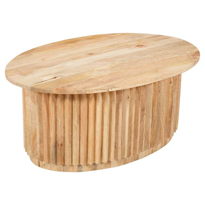 The Urban Port Muna Coffee Table, 36 Inch Oval Top, Handcrafted Mango Wood, Reeded Base with Hidden Storage, Natural Brown