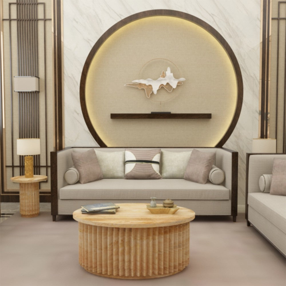 The Urban Port Muna Coffee Table, 36 Inch Oval Top, Handcrafted Mango Wood, Reeded Base with Hidden Storage, Natural Brown