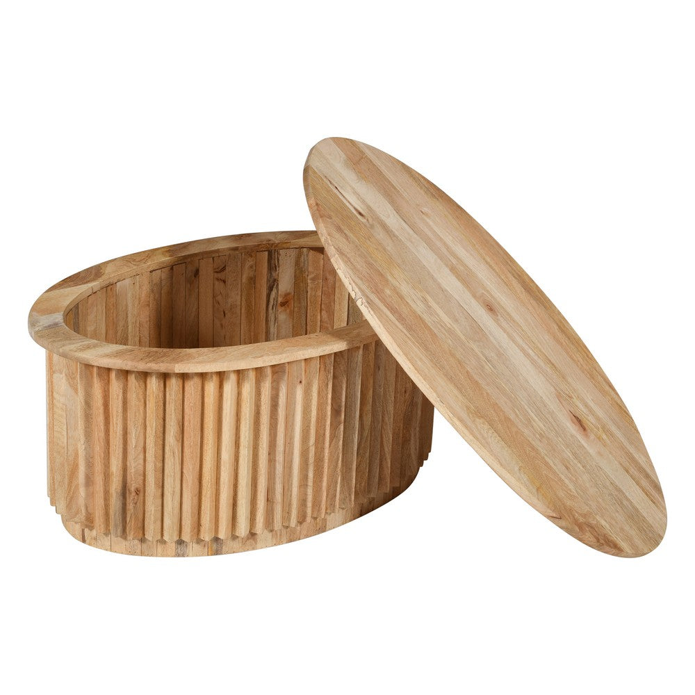 The Urban Port Muna Coffee Table, 36 Inch Oval Top, Handcrafted Mango Wood, Reeded Base with Hidden Storage, Natural Brown