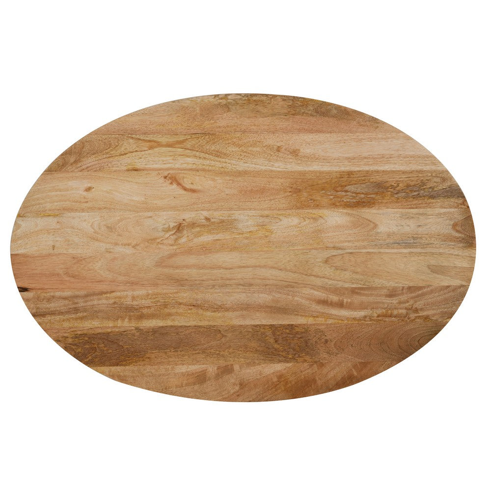 The Urban Port Muna Coffee Table, 36 Inch Oval Top, Handcrafted Mango Wood, Reeded Base with Hidden Storage, Natural Brown