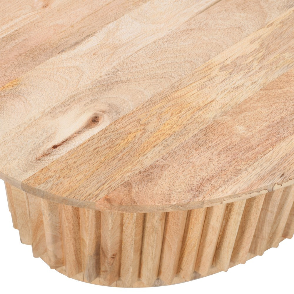 The Urban Port Muna Coffee Table, 36 Inch Oval Top, Handcrafted Mango Wood, Reeded Base with Hidden Storage, Natural Brown