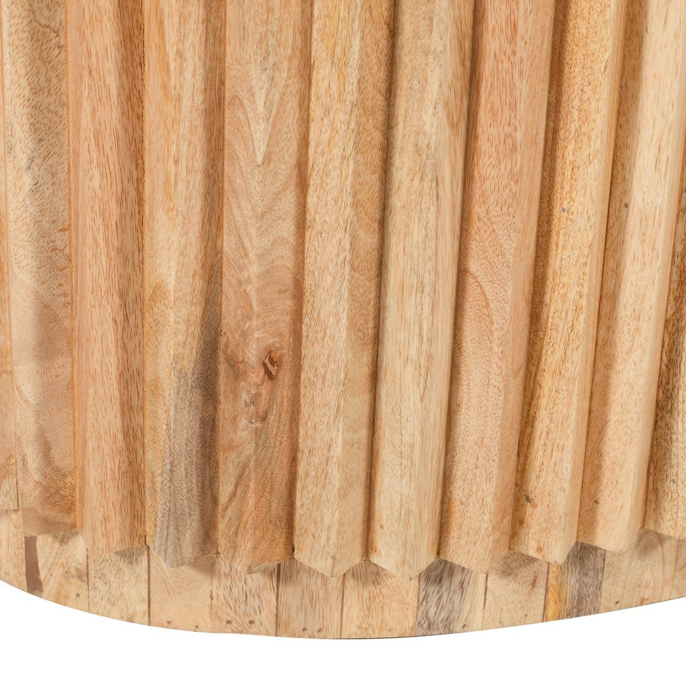The Urban Port Muna Coffee Table, 36 Inch Oval Top, Handcrafted Mango Wood, Reeded Base with Hidden Storage, Natural Brown