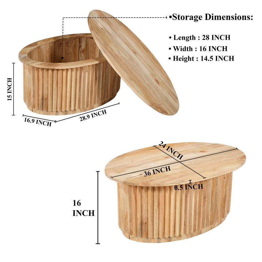 The Urban Port Muna Coffee Table, 36 Inch Oval Top, Handcrafted Mango Wood, Reeded Base with Hidden Storage, Natural Brown