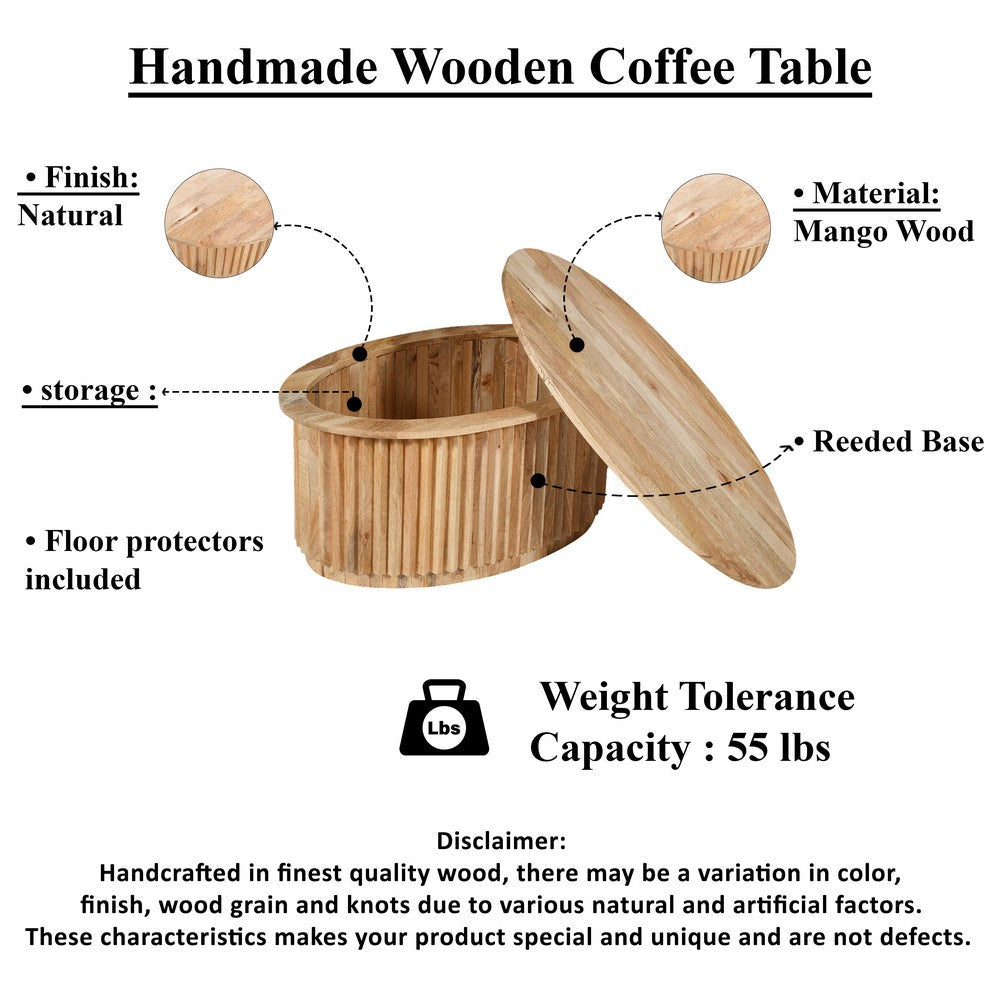 The Urban Port Muna Coffee Table, 36 Inch Oval Top, Handcrafted Mango Wood, Reeded Base with Hidden Storage, Natural Brown