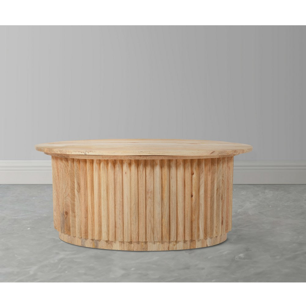 The Urban Port Muna Coffee Table, 36 Inch Oval Top, Handcrafted Mango Wood, Reeded Base with Hidden Storage, Natural Brown