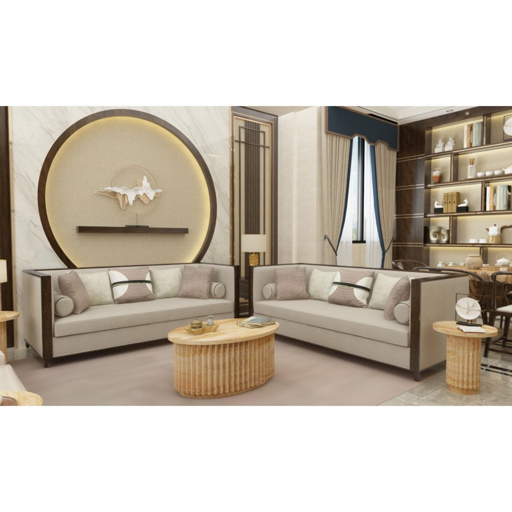The Urban Port Muna Coffee Table, 36 Inch Oval Top, Handcrafted Mango Wood, Reeded Base with Hidden Storage, Natural Brown