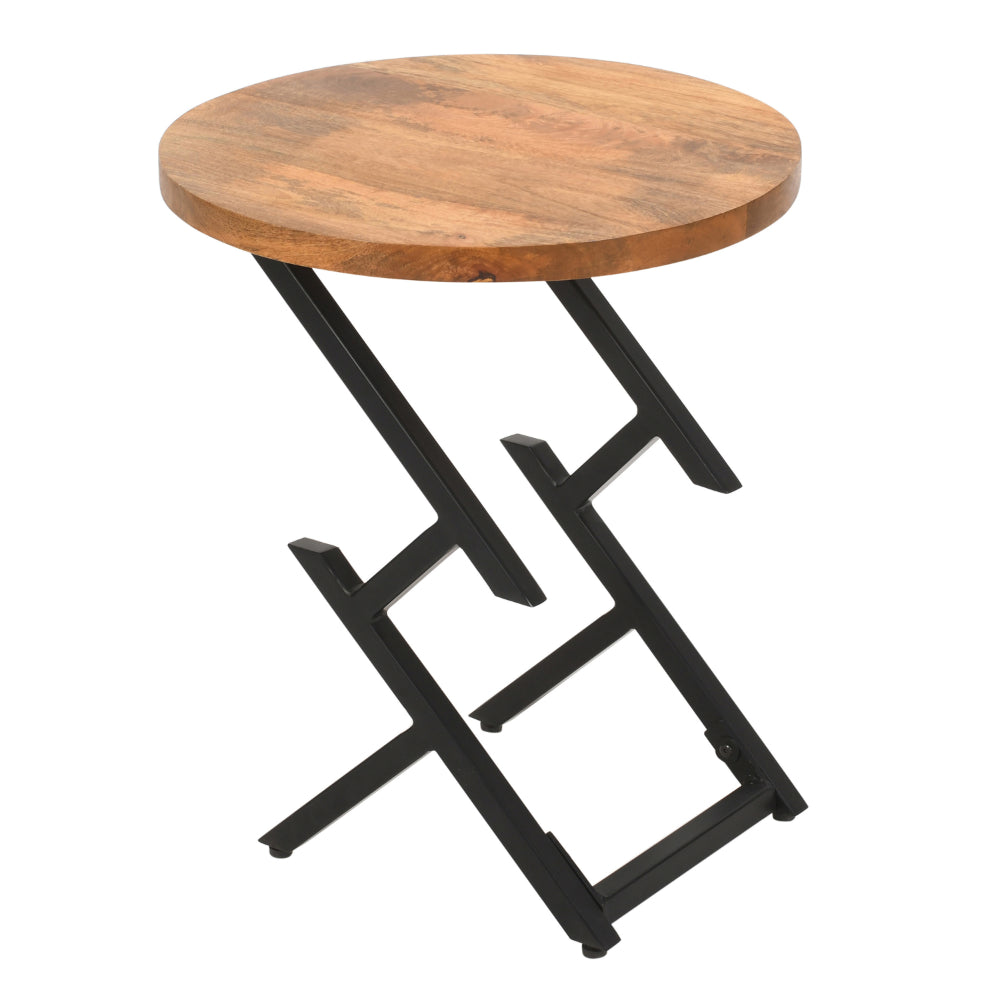 The Urban Port 23 Inch Side End Table, Natural Brown Round Wood Top, Modern Black Angled Iron Legs