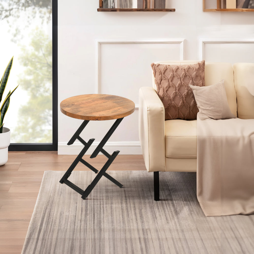 The Urban Port 23 Inch Side End Table, Natural Brown Round Wood Top, Modern Black Angled Iron Legs