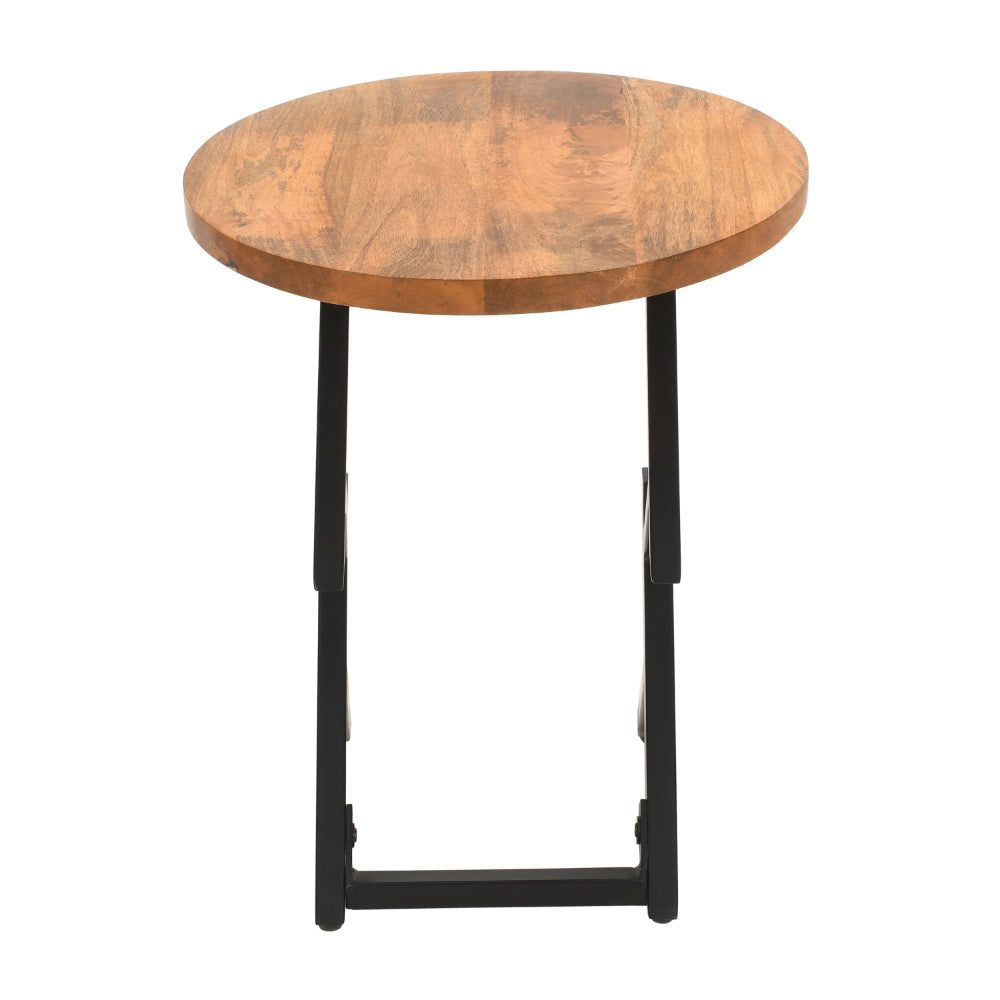 The Urban Port 23 Inch Side End Table, Natural Brown Round Wood Top, Modern Black Angled Iron Legs