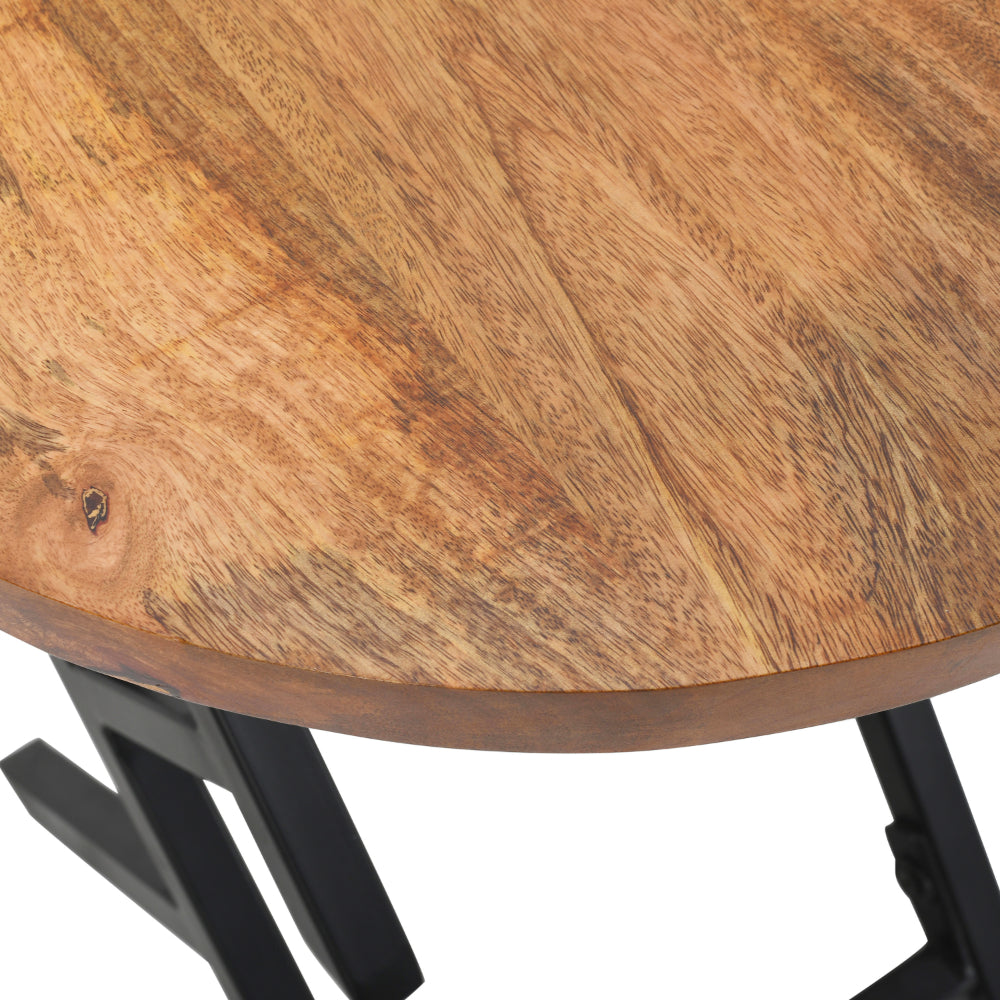 The Urban Port 23 Inch Side End Table, Natural Brown Round Wood Top, Modern Black Angled Iron Legs