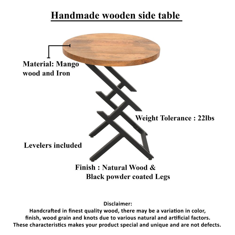 The Urban Port 23 Inch Side End Table, Natural Brown Round Wood Top, Modern Black Angled Iron Legs