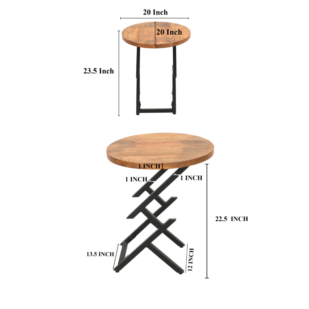 The Urban Port 23 Inch Side End Table, Natural Brown Round Wood Top, Modern Black Angled Iron Legs