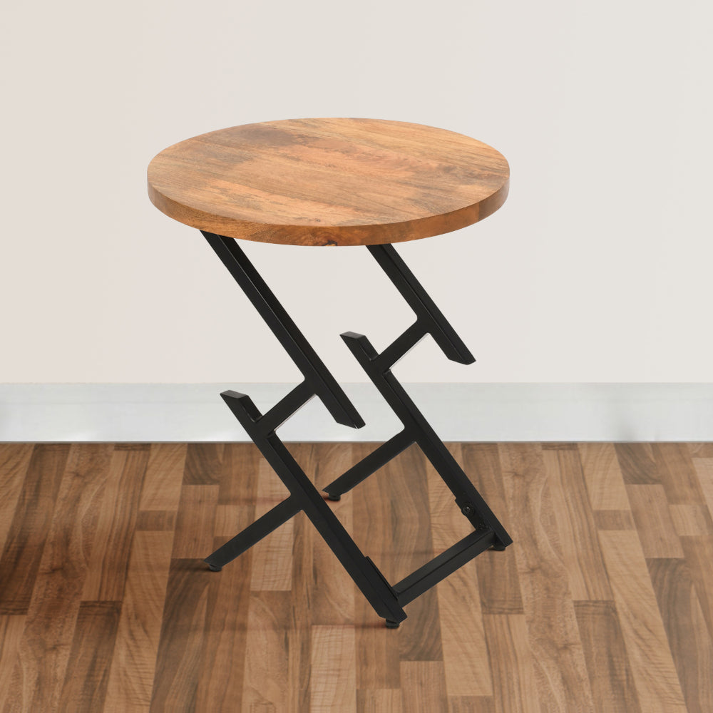 The Urban Port 23 Inch Side End Table, Natural Brown Round Wood Top, Modern Black Angled Iron Legs