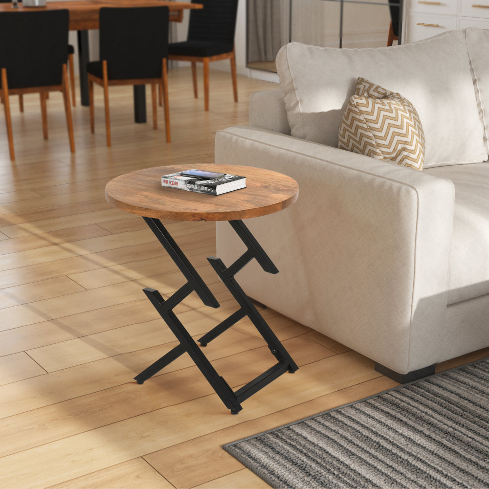The Urban Port 23 Inch Side End Table, Natural Brown Round Wood Top, Modern Black Angled Iron Legs