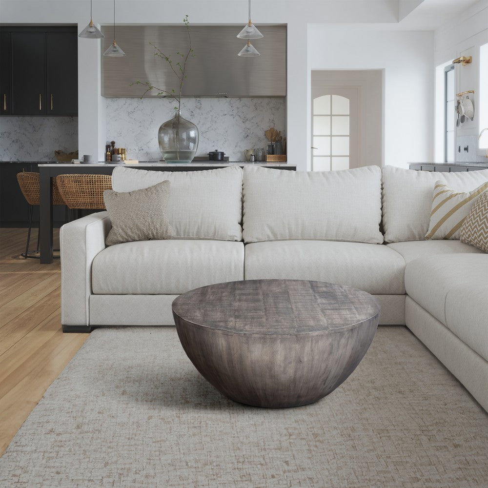 The Urban Port 36 Inch Round Coffee Table, Handcrafted Drum Shape, Mango Wood with Olive Gray Finish
