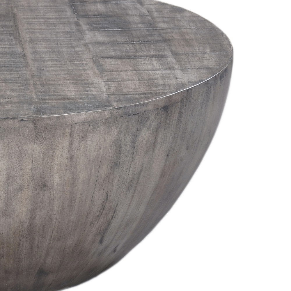The Urban Port 36 Inch Round Coffee Table, Handcrafted Drum Shape, Mango Wood with Olive Gray Finish