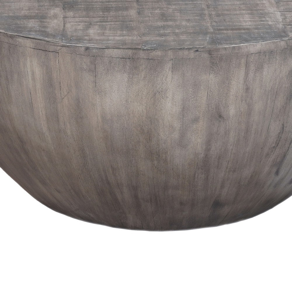 The Urban Port 36 Inch Round Coffee Table, Handcrafted Drum Shape, Mango Wood with Olive Gray Finish