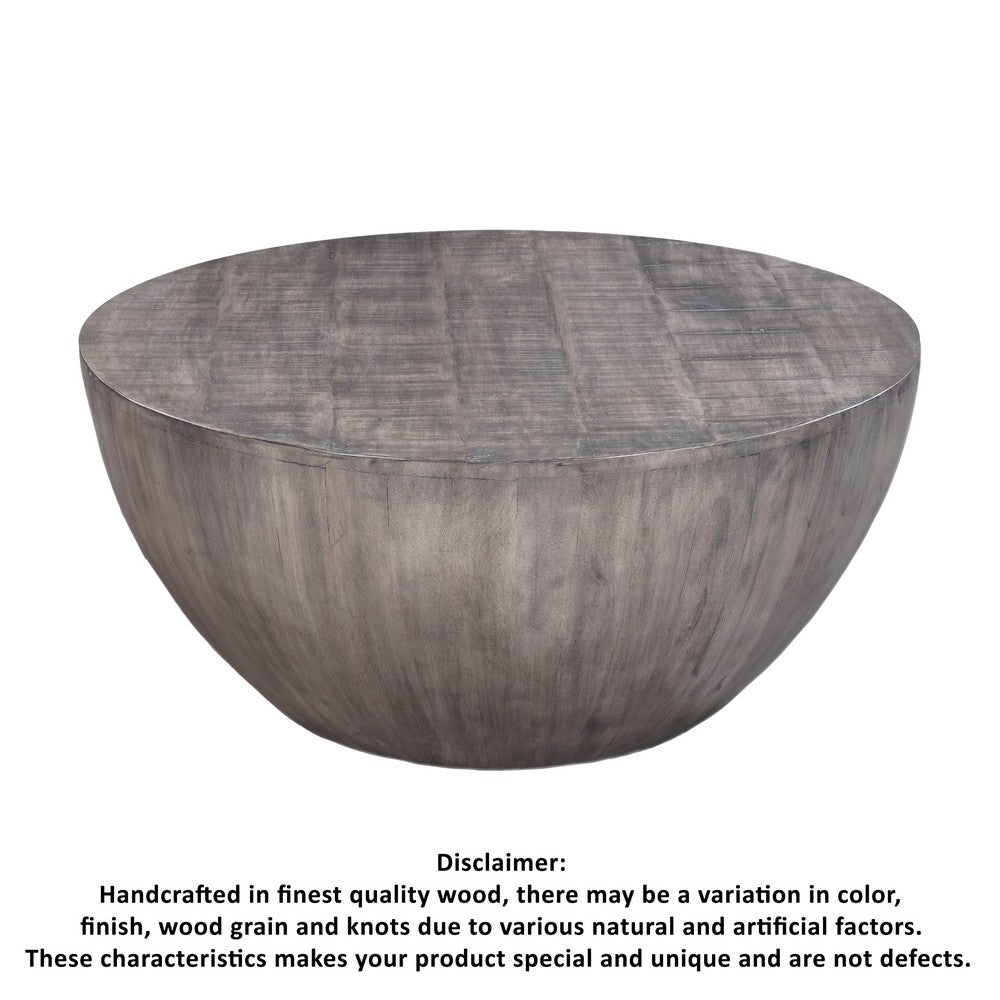 The Urban Port 36 Inch Round Coffee Table, Handcrafted Drum Shape, Mango Wood with Olive Gray Finish