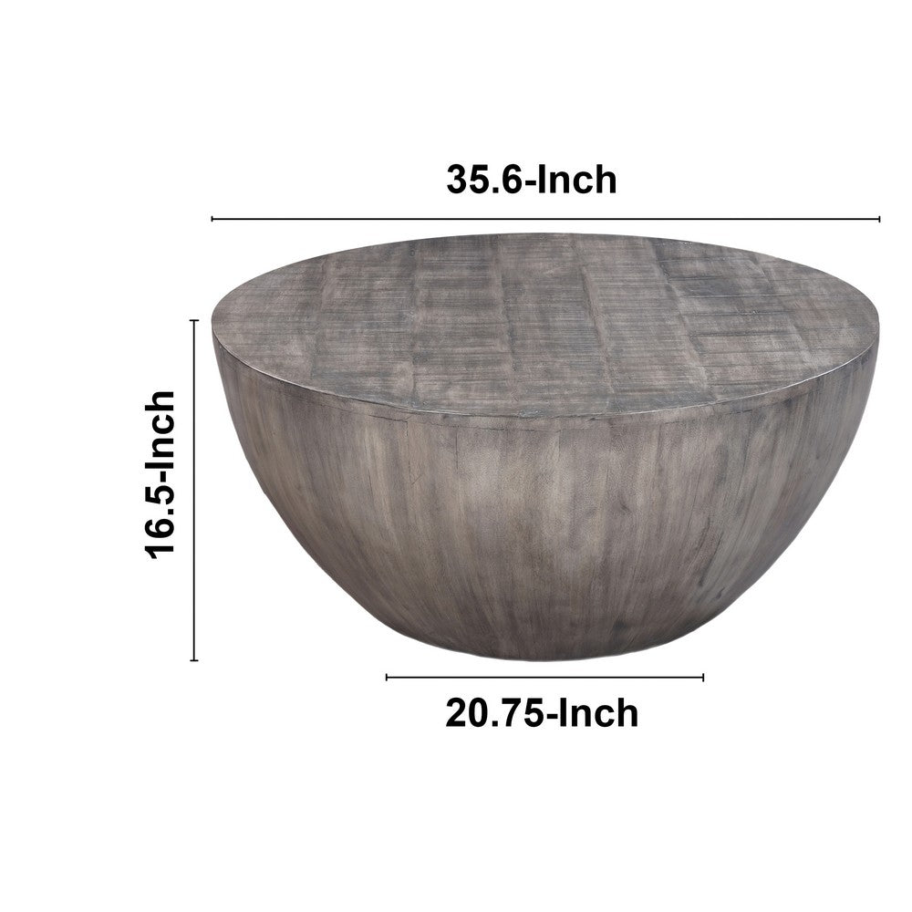 The Urban Port 36 Inch Round Coffee Table, Handcrafted Drum Shape, Mango Wood with Olive Gray Finish