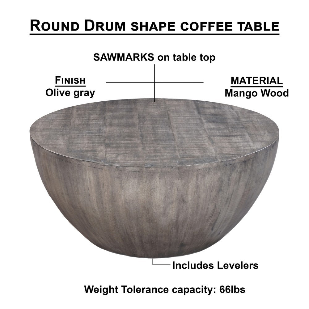 The Urban Port 36 Inch Round Coffee Table, Handcrafted Drum Shape, Mango Wood with Olive Gray Finish