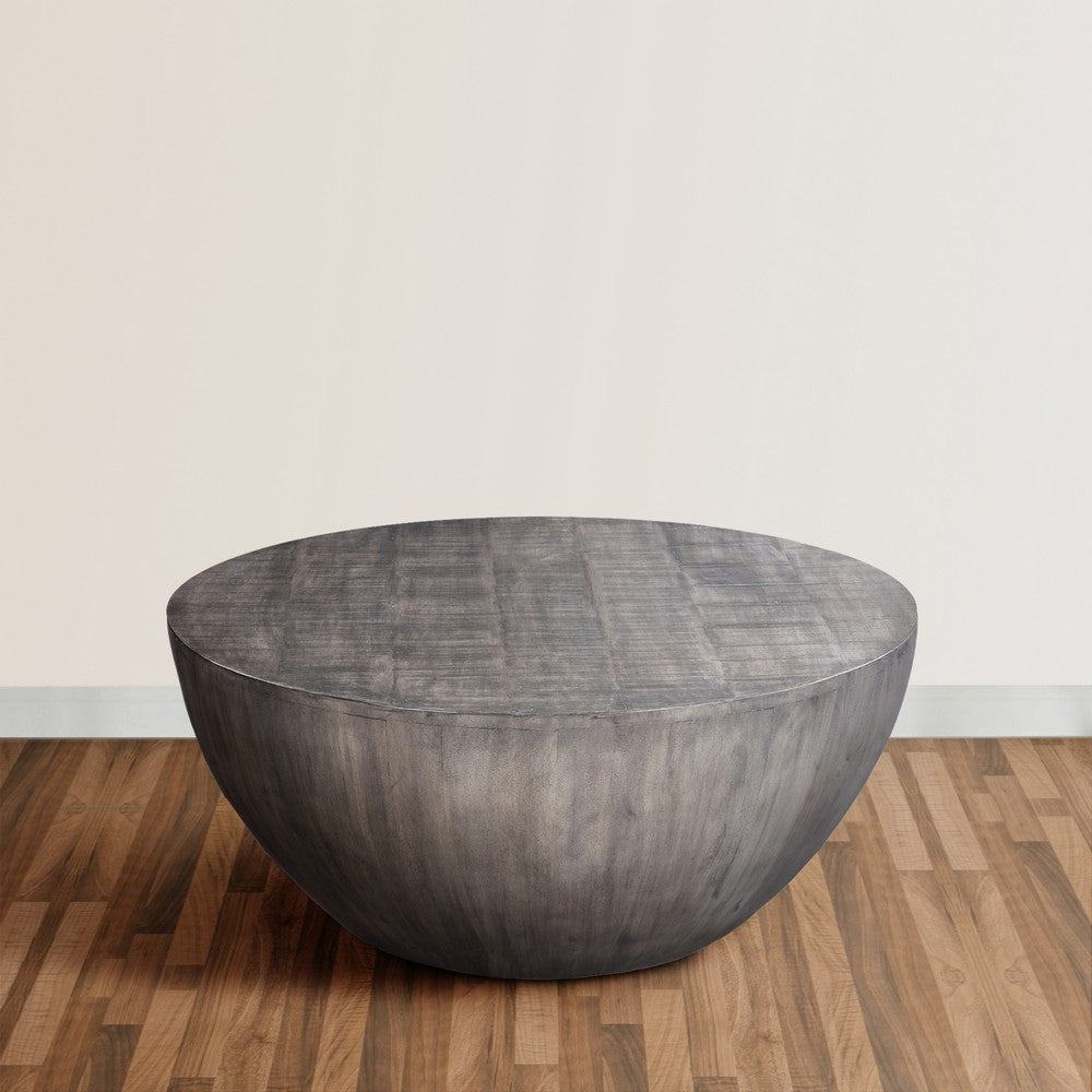 The Urban Port 36 Inch Round Coffee Table, Handcrafted Drum Shape, Mango Wood with Olive Gray Finish