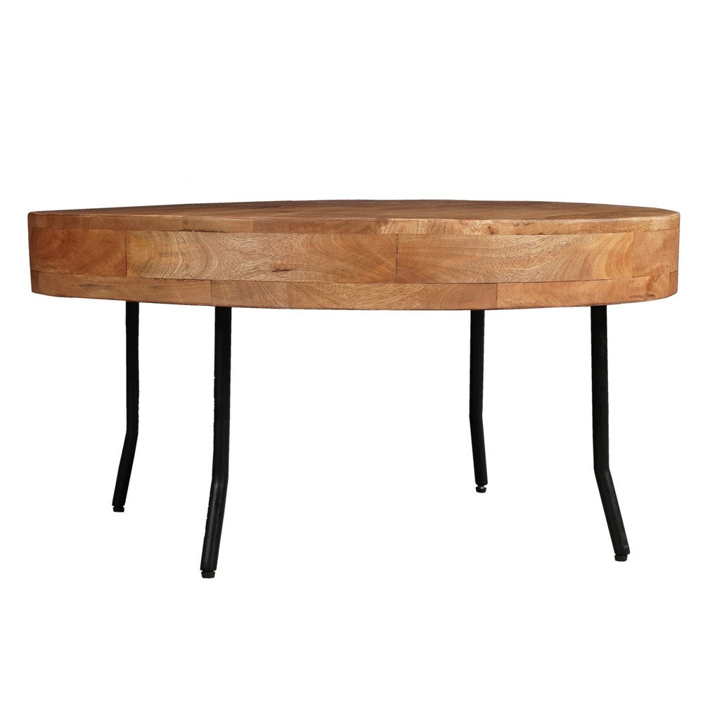 The Urban Port 32 Inch Coffee Table, Handcrafted Mango Wood Round Top, Black Metal Angled Legs