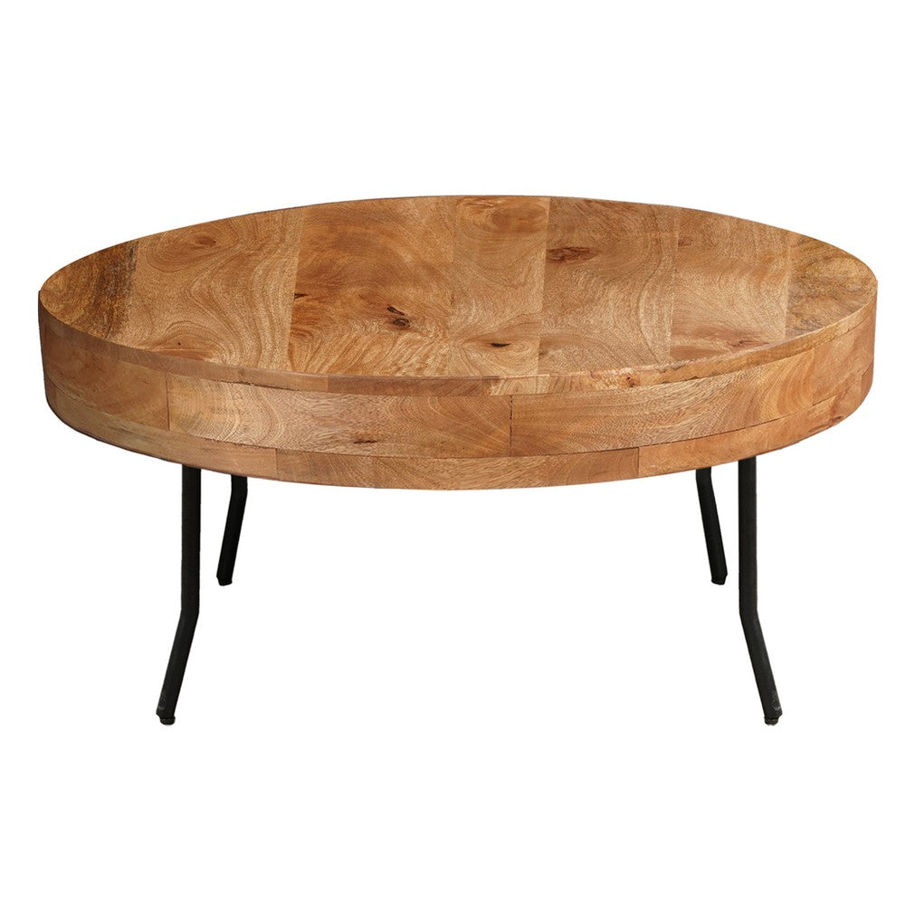 The Urban Port 32 Inch Coffee Table, Handcrafted Mango Wood Round Top, Black Metal Angled Legs