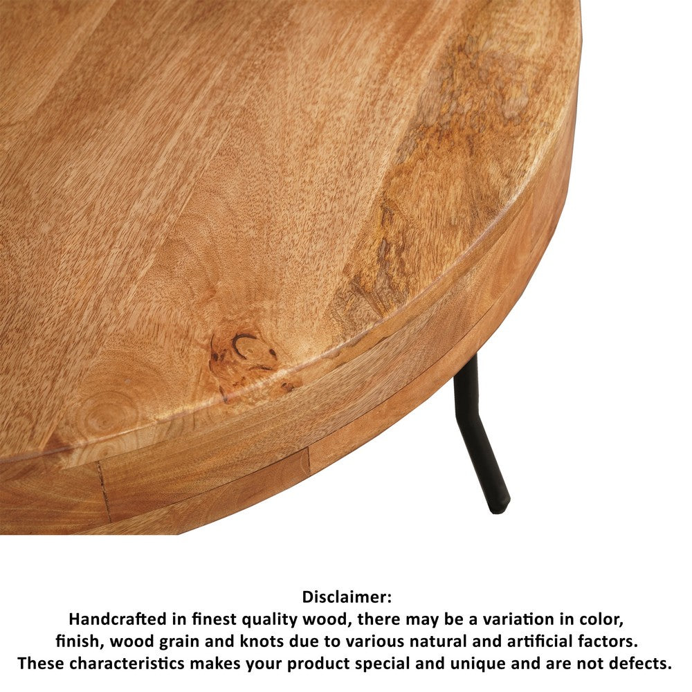 The Urban Port 32 Inch Coffee Table, Handcrafted Mango Wood Round Top, Black Metal Angled Legs