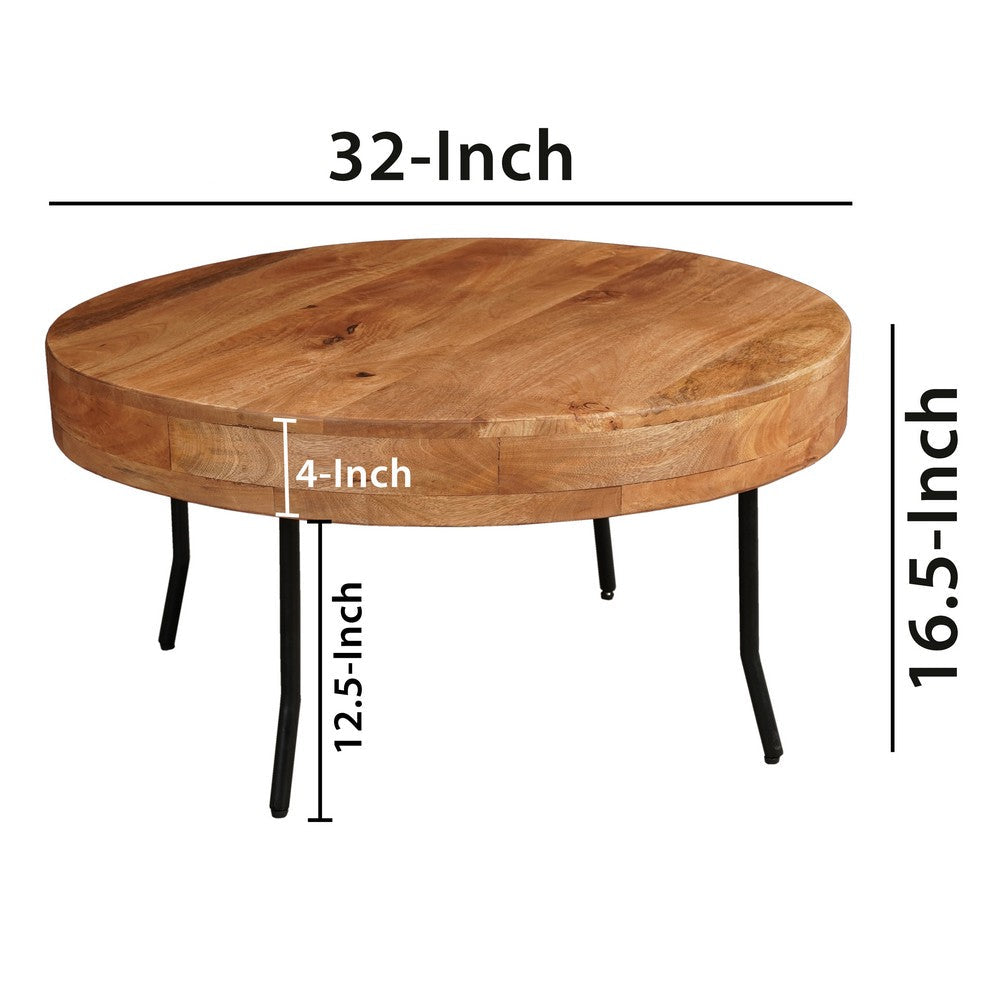 The Urban Port 32 Inch Coffee Table, Handcrafted Mango Wood Round Top, Black Metal Angled Legs