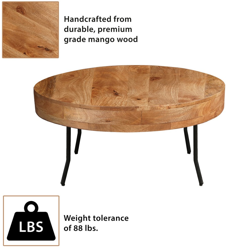 The Urban Port 32 Inch Coffee Table, Handcrafted Mango Wood Round Top, Black Metal Angled Legs