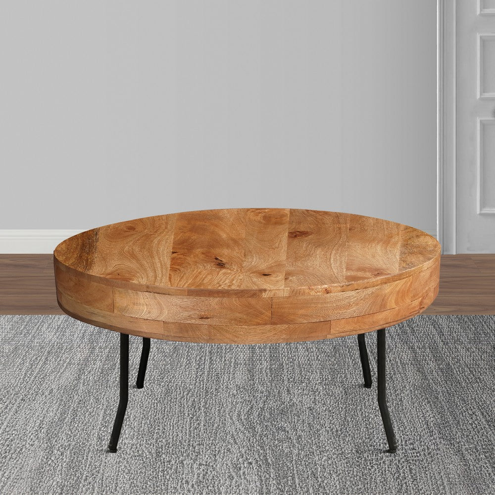 The Urban Port 32 Inch Coffee Table, Handcrafted Mango Wood Round Top, Black Metal Angled Legs
