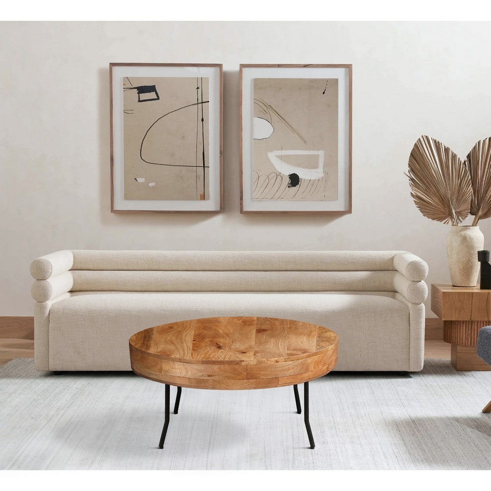 The Urban Port 32 Inch Coffee Table, Handcrafted Mango Wood Round Top, Black Metal Angled Legs