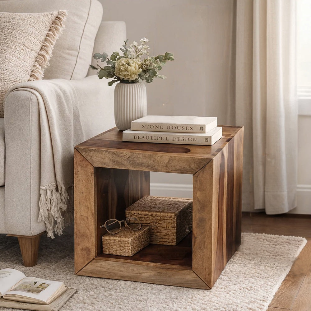 The Urban Port 16 Inch Cube Shape Rosewood Side Table With Cutout Bottom, Brown