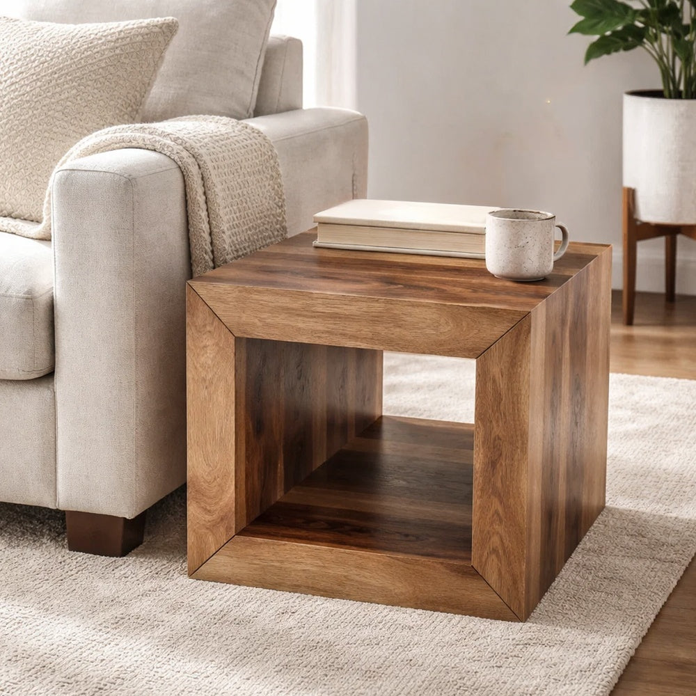 The Urban Port 16 Inch Cube Shape Rosewood Side Table With Cutout Bottom, Brown