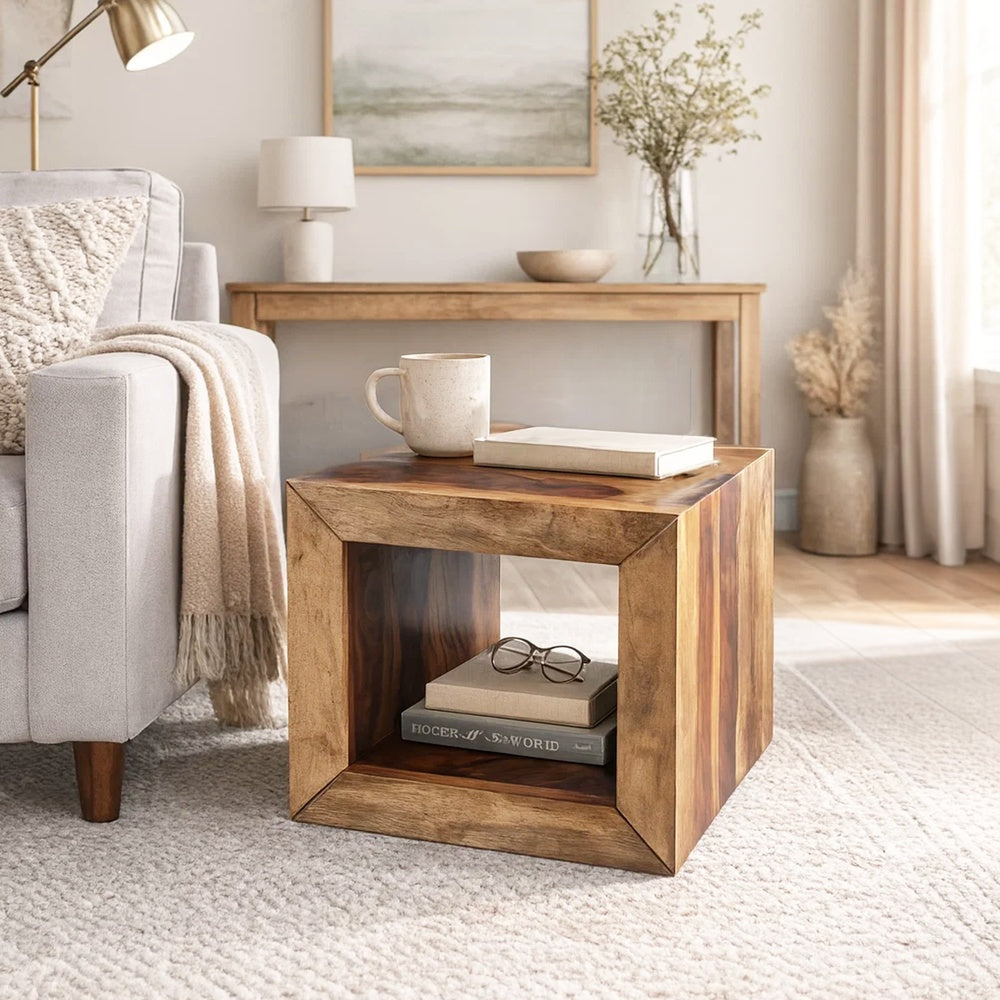 The Urban Port 16 Inch Cube Shape Rosewood Side Table With Cutout Bottom, Brown