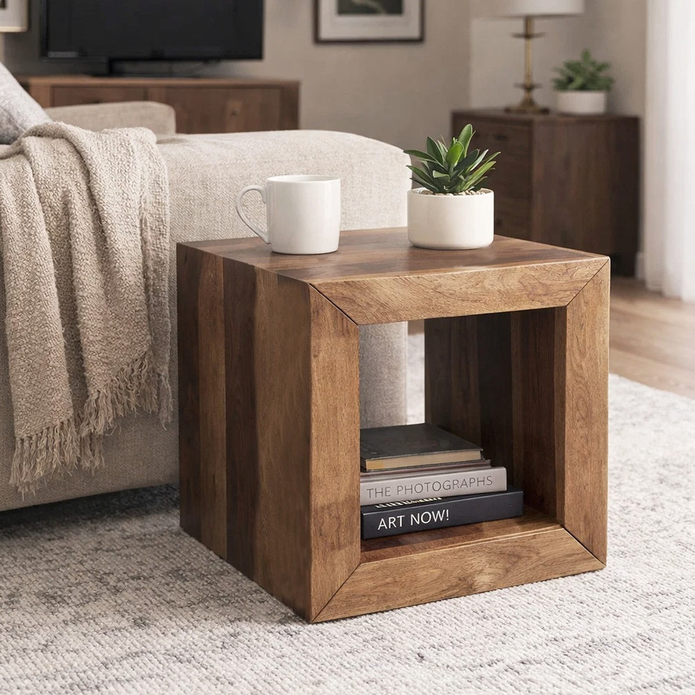 The Urban Port 16 Inch Cube Shape Rosewood Side Table With Cutout Bottom, Brown