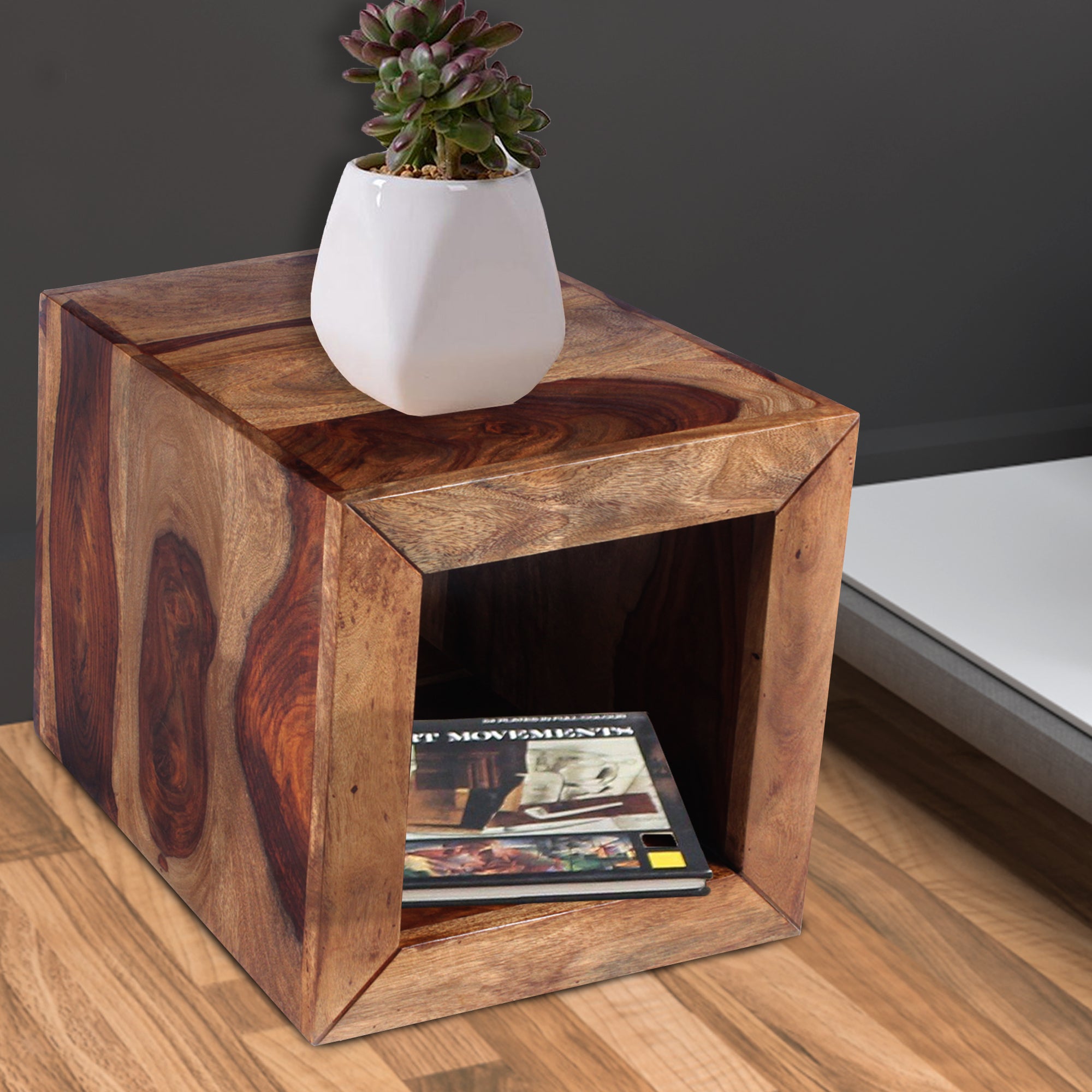 The Urban Port 16 Inch Cube Shape Rosewood Side Table With Cutout Bottom, Brown