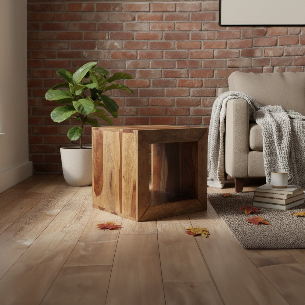 The Urban Port 16 Inch Cube Shape Rosewood Side Table With Cutout Bottom, Brown