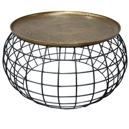 The Urban Port Milo 2-Piece Coffee Table And End Table Set - Round Antique Brass Tray Top with Curved Cage Design Black Iron Base