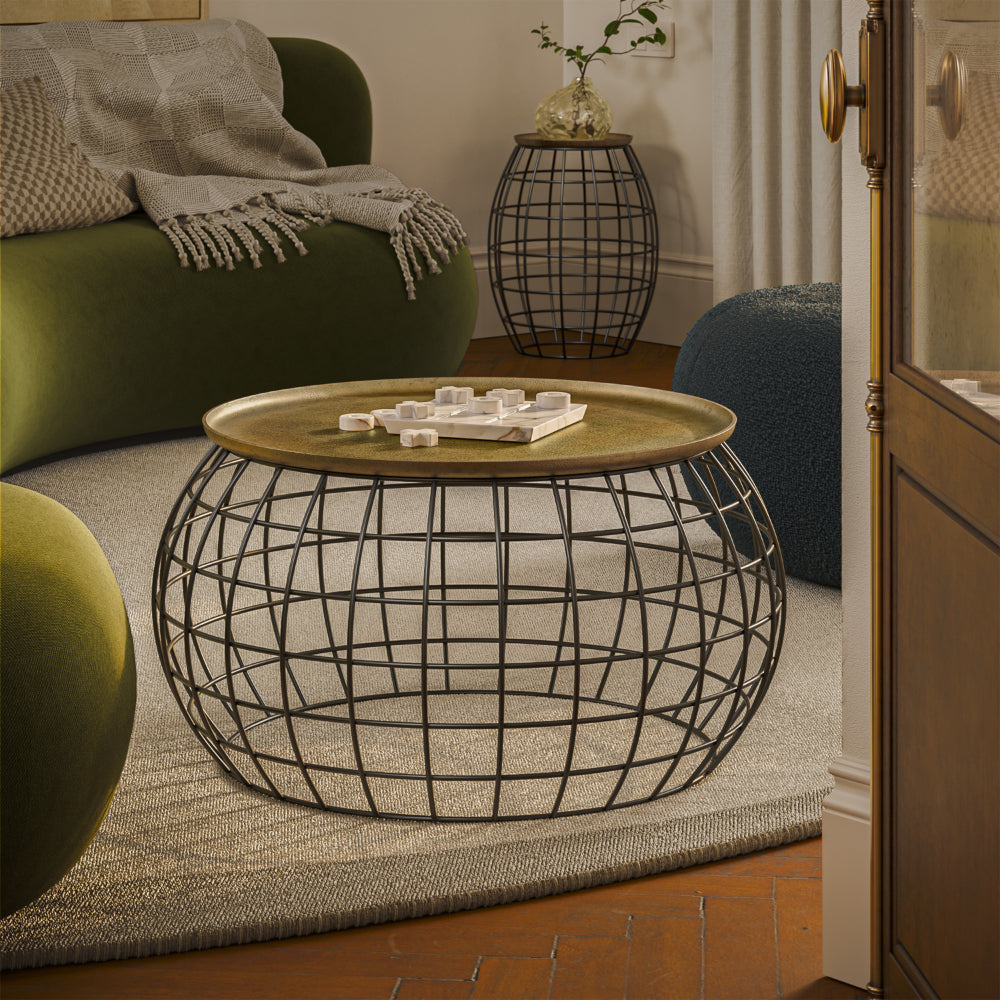 The Urban Port Milo 2-Piece Coffee Table And End Table Set - Round Antique Brass Tray Top with Curved Cage Design Black Iron Base