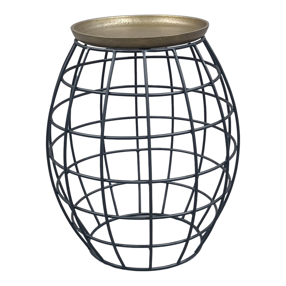 The Urban Port Milo 2-Piece Coffee Table And End Table Set - Round Antique Brass Tray Top with Curved Cage Design Black Iron Base
