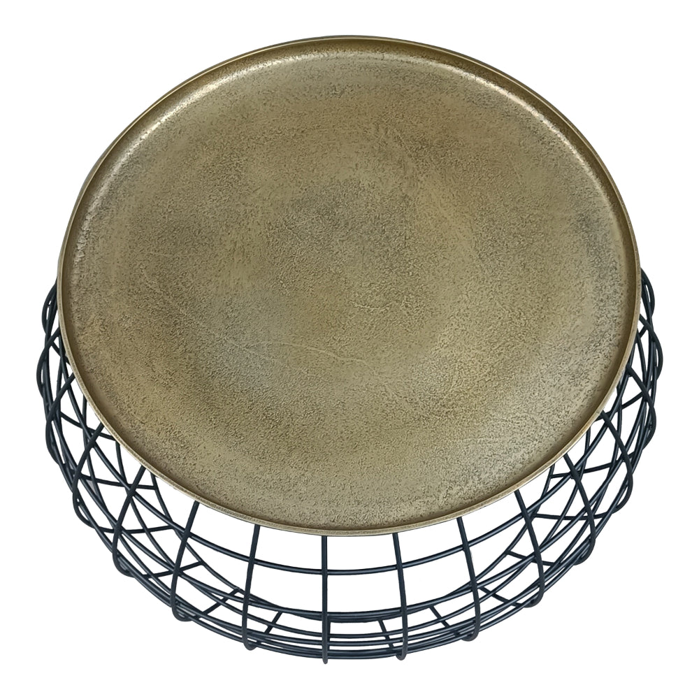The Urban Port Milo 2-Piece Coffee Table And End Table Set - Round Antique Brass Tray Top with Curved Cage Design Black Iron Base
