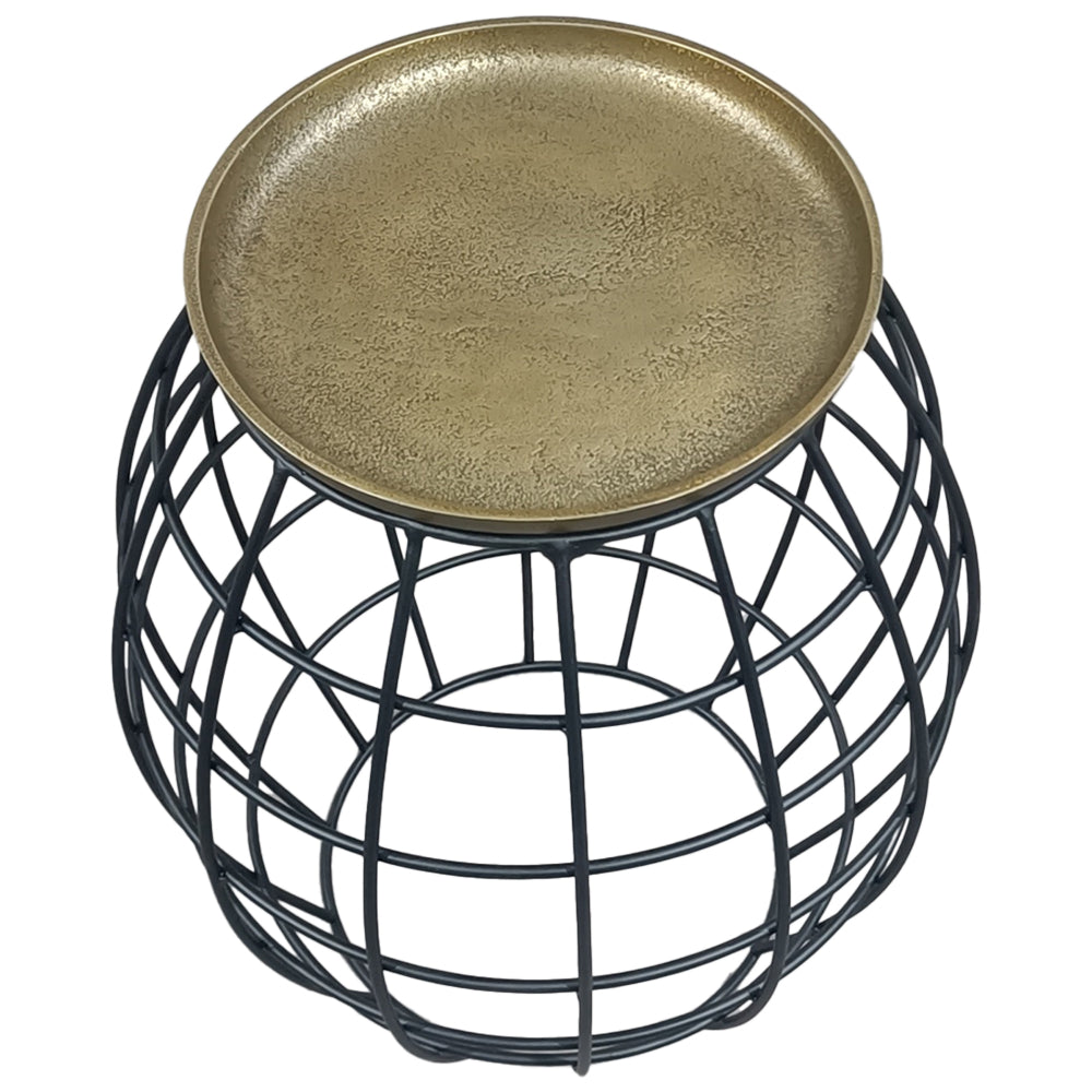 The Urban Port Milo 2-Piece Coffee Table And End Table Set - Round Antique Brass Tray Top with Curved Cage Design Black Iron Base