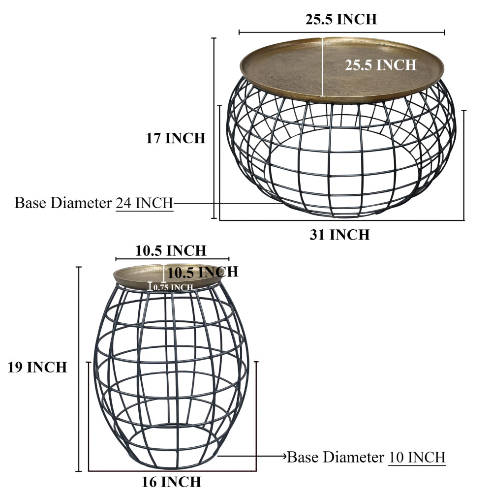 The Urban Port Milo 2-Piece Coffee Table And End Table Set - Round Antique Brass Tray Top with Curved Cage Design Black Iron Base