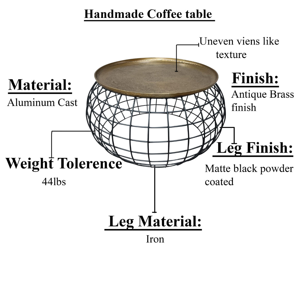 The Urban Port Milo 2-Piece Coffee Table And End Table Set - Round Antique Brass Tray Top with Curved Cage Design Black Iron Base