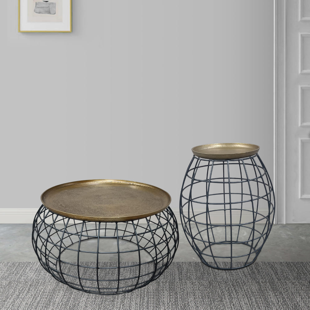 The Urban Port Milo 2-Piece Coffee Table And End Table Set - Round Antique Brass Tray Top with Curved Cage Design Black Iron Base