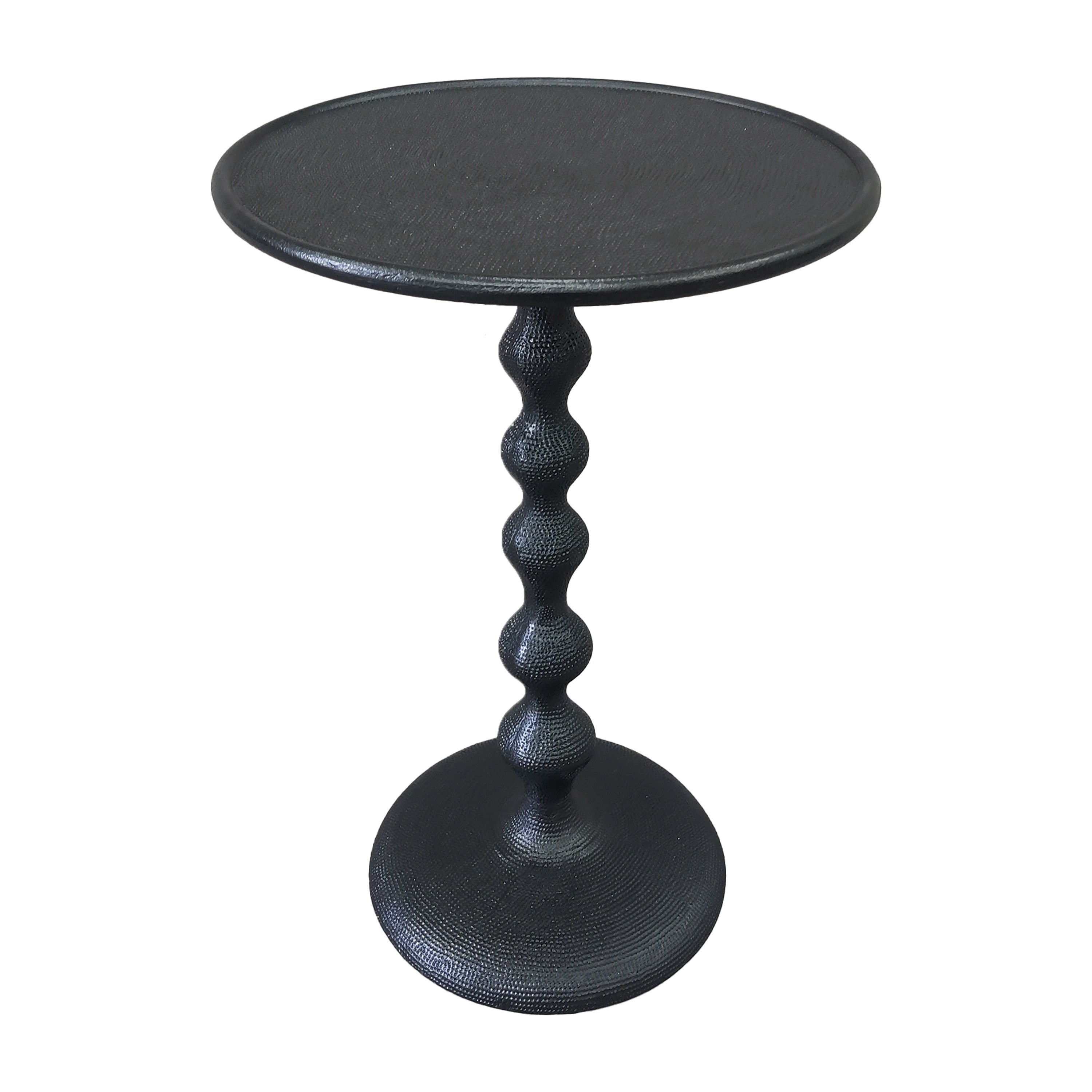 The Urban Port Shae 22 Inch Round Side End Table - Matte Black Aluminum Cast, Hammered Texture, Turned Pedestal Post