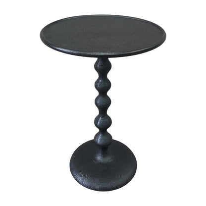 The Urban Port Shae 22 Inch Round Side End Table - Matte Black Aluminum Cast, Hammered Texture, Turned Pedestal Post