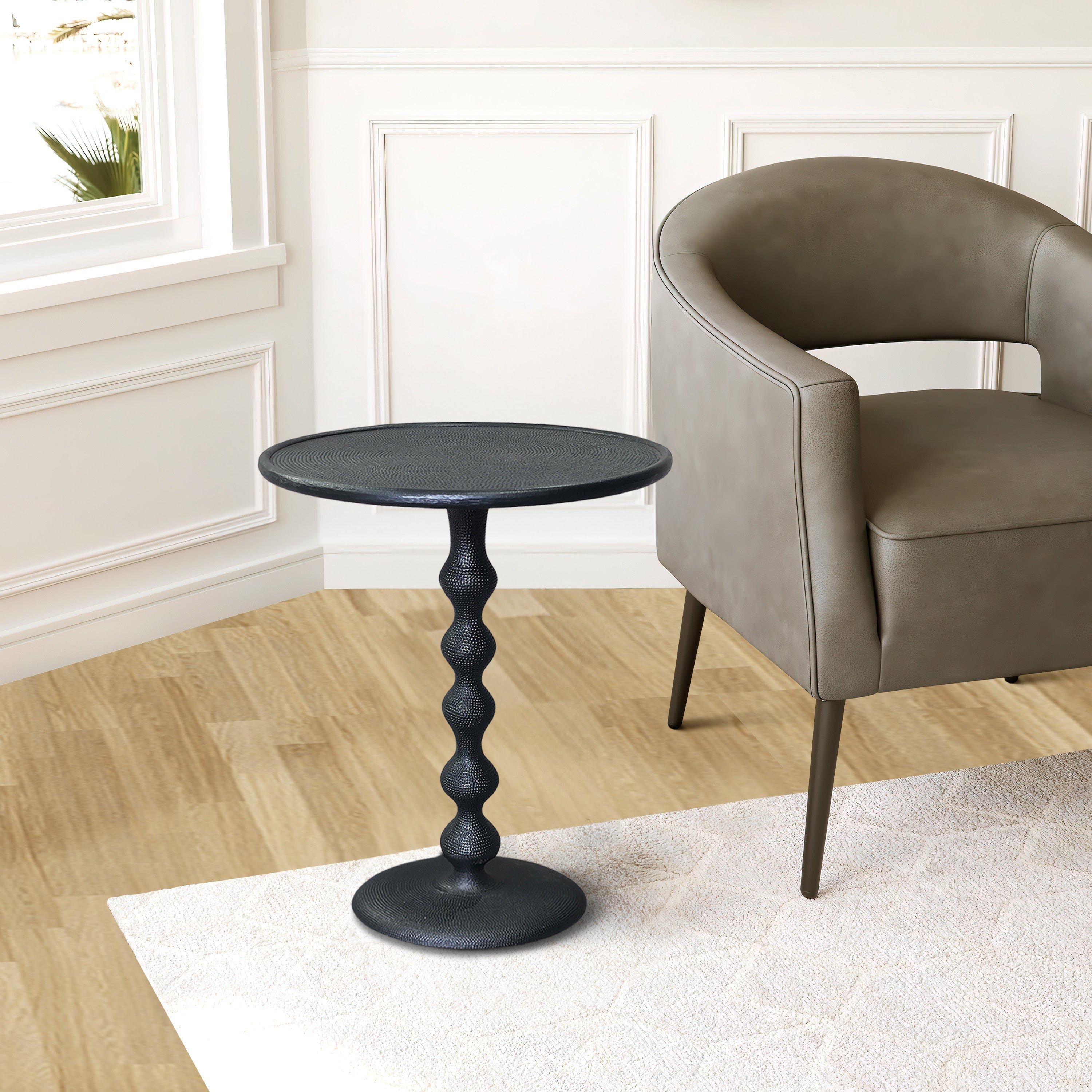 The Urban Port Shae 22 Inch Round Side End Table - Matte Black Aluminum Cast, Hammered Texture, Turned Pedestal Post